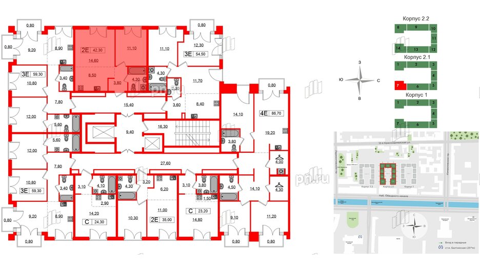 Квартира в ЖК Лермонтовский 54, 1 комнатная, 42.3 м², 2 этаж