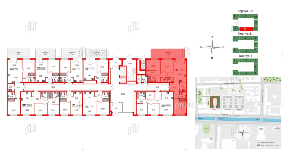 Квартира в ЖК Лермонтовский 54, 3 комнатная, 97.5 м², 1 этаж