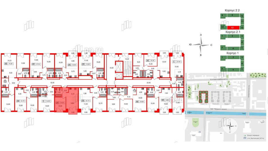 Квартира в ЖК Лермонтовский 54, 1 комнатная, 34.8 м², 6 этаж