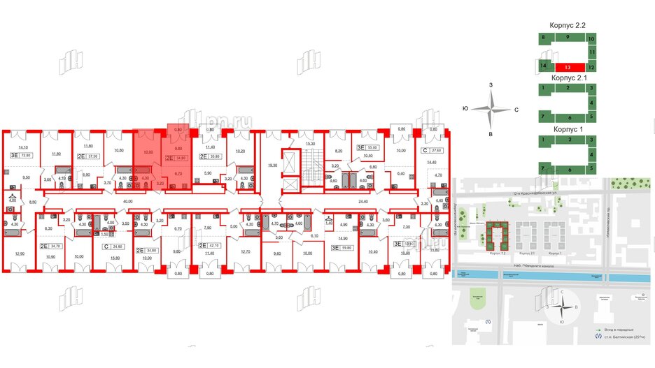 Квартира в ЖК Лермонтовский 54, 1 комнатная, 34.8 м², 7 этаж