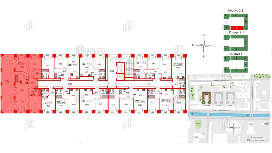 Квартира в ЖК Лермонтовский 54, 3 комнатная, 101.9 м², 9 этаж