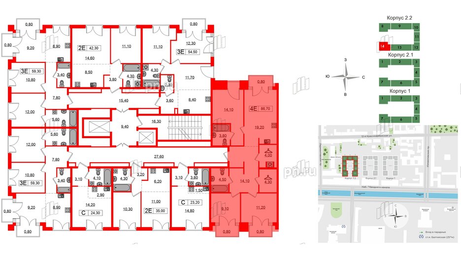 Квартира в ЖК Лермонтовский 54, 3 комнатная, 86.7 м², 6 этаж