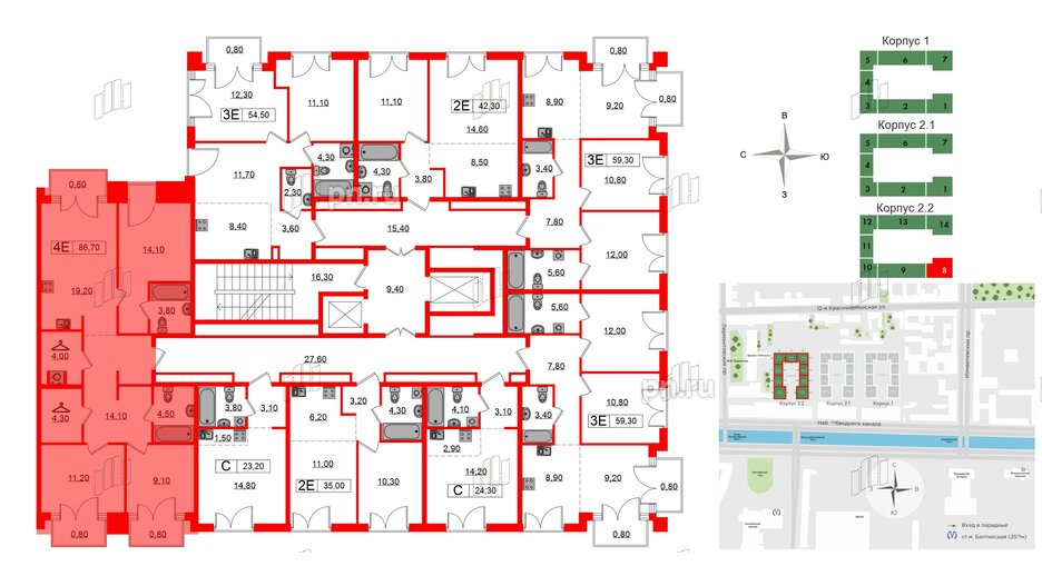 Квартира в ЖК Лермонтовский 54, 3 комнатная, 86.7 м², 3 этаж