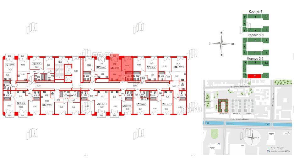 Квартира в ЖК Лермонтовский 54, 1 комнатная, 34.8 м², 3 этаж