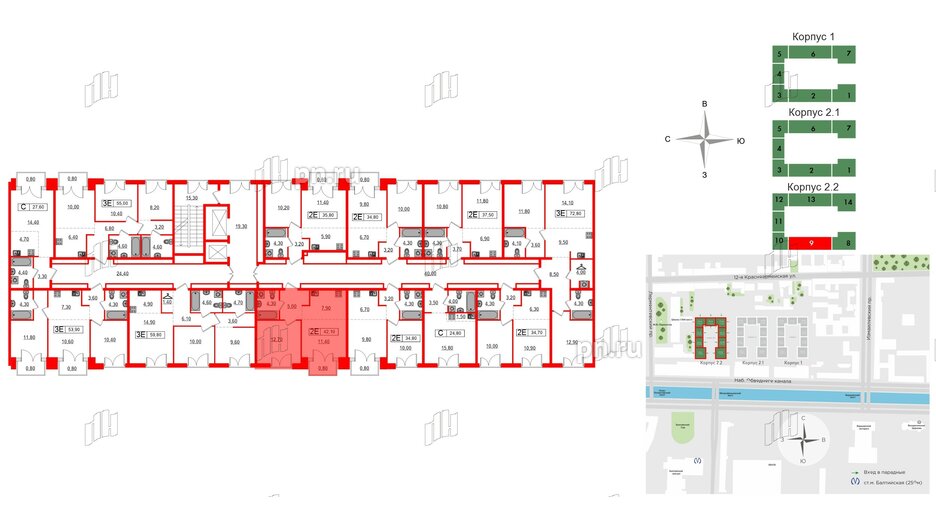 Квартира в ЖК Лермонтовский 54, 1 комнатная, 42.1 м², 3 этаж