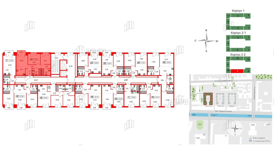 Квартира в ЖК Лермонтовский 54, 2 комнатная, 55 м², 5 этаж