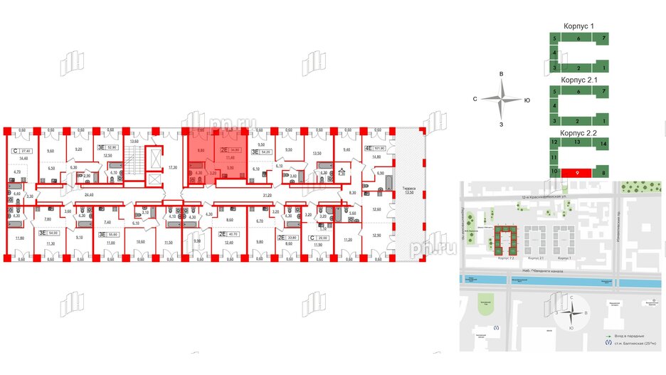 Квартира в ЖК Лермонтовский 54, 1 комнатная, 34.8 м², 9 этаж