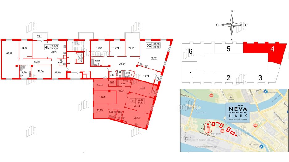 Квартира в ЖК Neva Haus, 4 комнатная, 154.8 м², 6 этаж