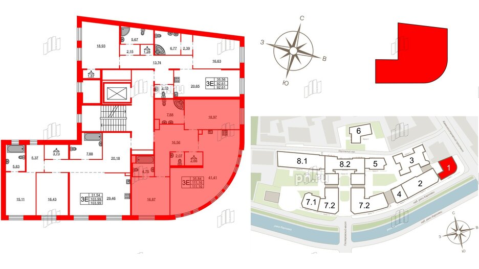 Квартира в ЖК Северная корона, 2 комнатная, 111.16 м², 2 этаж