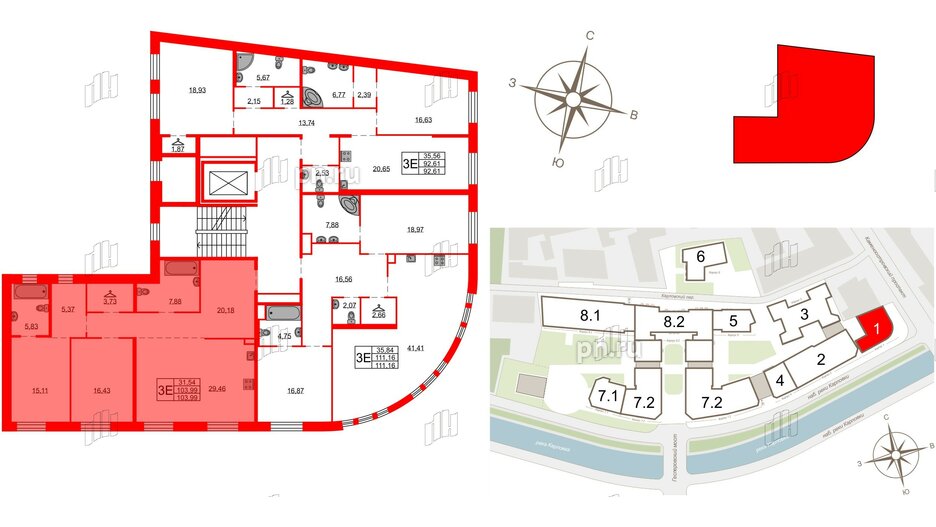 Квартира в ЖК Северная корона, 2 комнатная, 103.99 м², 2 этаж