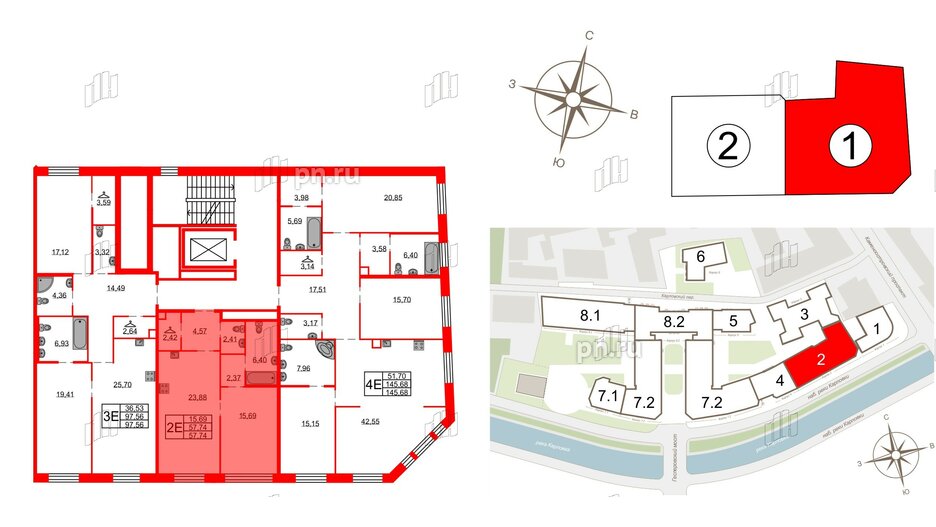 Квартира в ЖК Северная корона, 1 комнатная, 57.74 м², 2 этаж