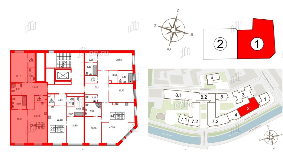 Квартира в ЖК Северная корона, 2 комнатная, 97.56 м², 2 этаж