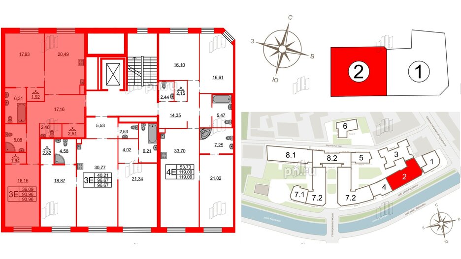 Квартира в ЖК Северная корона, 2 комнатная, 93.96 м², 2 этаж