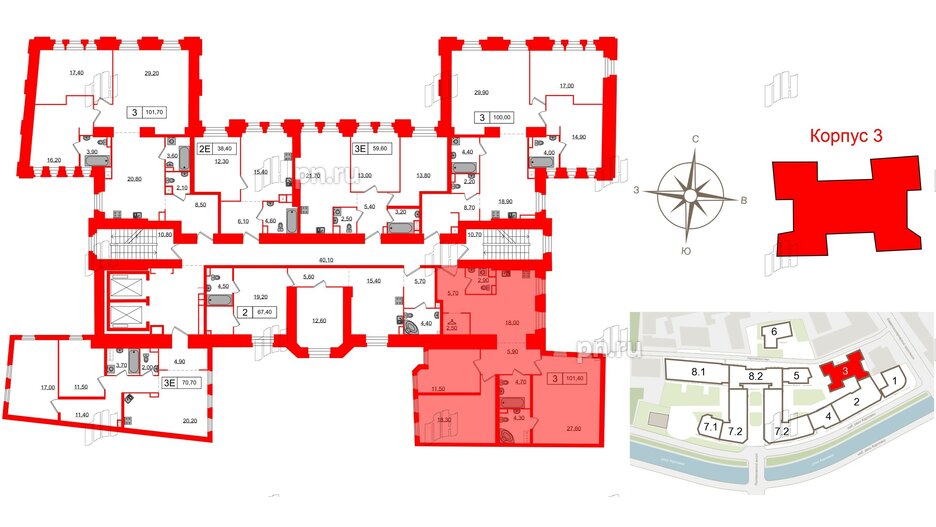 Апартаменты в ЖК Северная корона, 3 комнатные, 101.4 м², 2 этаж