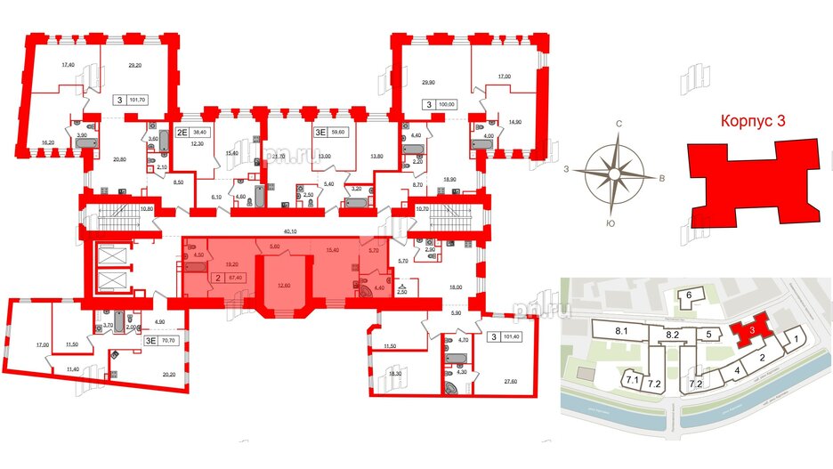 Апартаменты в ЖК Северная корона, 2 комнатные, 67.4 м², 2 этаж