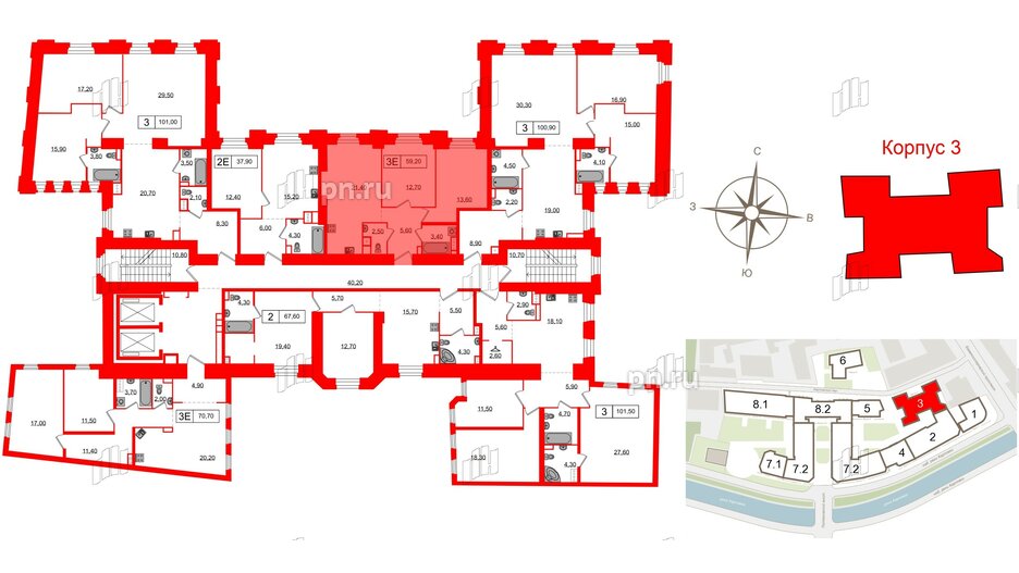 Апартаменты в ЖК Северная корона, 2 комнатные, 59.2 м², 3 этаж