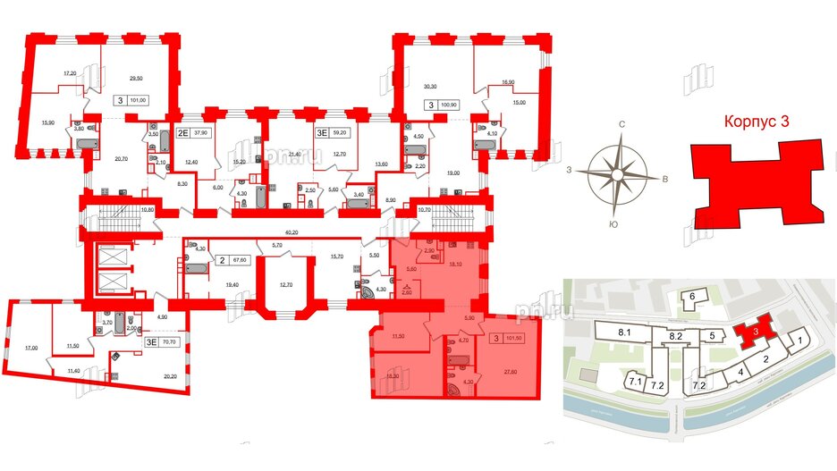 Апартаменты в ЖК Северная корона, 3 комнатные, 101.5 м², 3 этаж