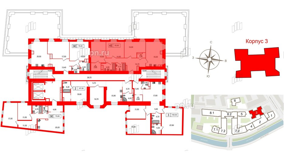 Апартаменты в ЖК Северная корона, 3 комнатные, 93.6 м², 5 этаж