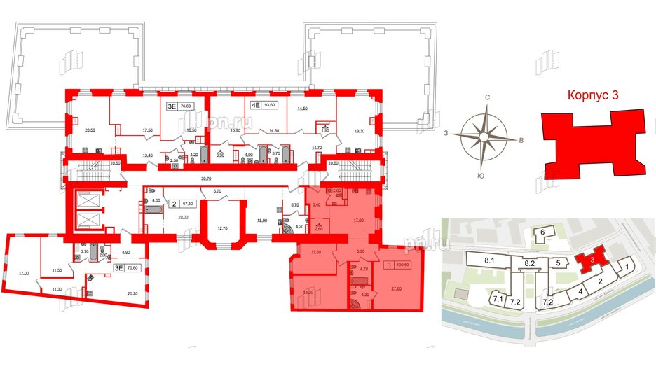 Апартаменты в ЖК Северная корона, 3 комнатные, 100.5 м², 5 этаж