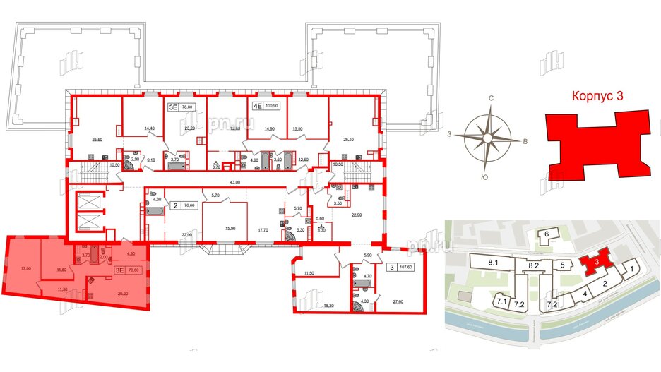 Апартаменты в ЖК Северная корона, 2 комнатные, 70.6 м², 6 этаж