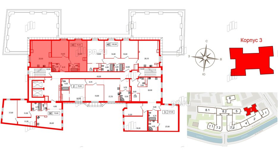 Апартаменты в ЖК Северная корона, 2 комнатные, 78.8 м², 6 этаж