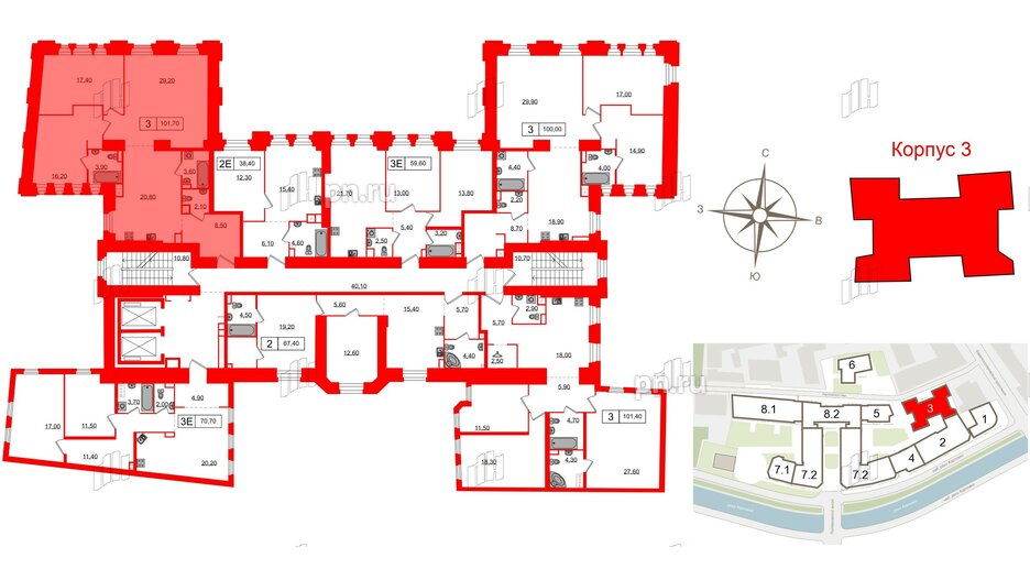 Апартаменты в ЖК Северная корона, 3 комнатные, 101.7 м², 2 этаж