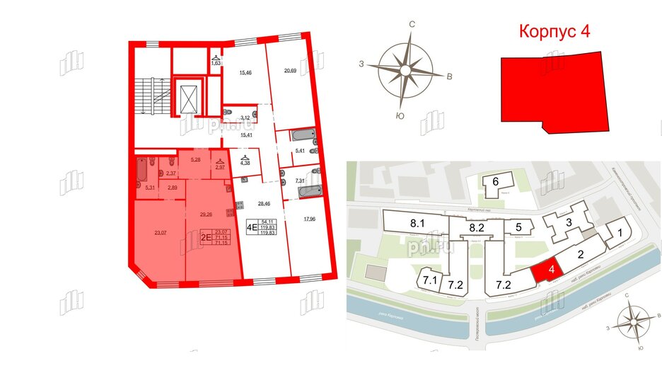 Квартира в ЖК Северная корона, 1 комнатная, 71.15 м², 2 этаж