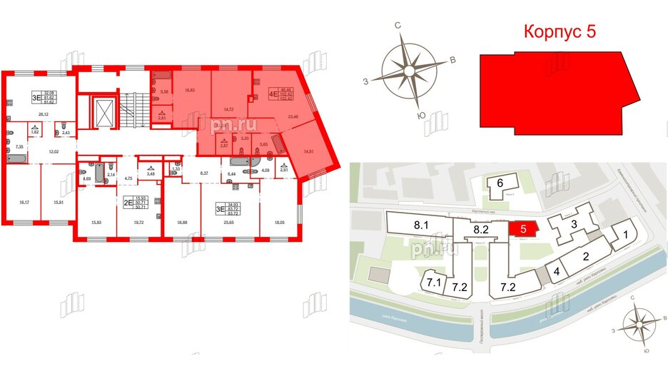 Квартира в ЖК Северная корона, 3 комнатная, 102.42 м², 2 этаж