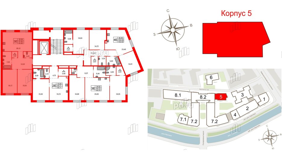 Квартира в ЖК Северная корона, 2 комнатная, 81.62 м², 2 этаж