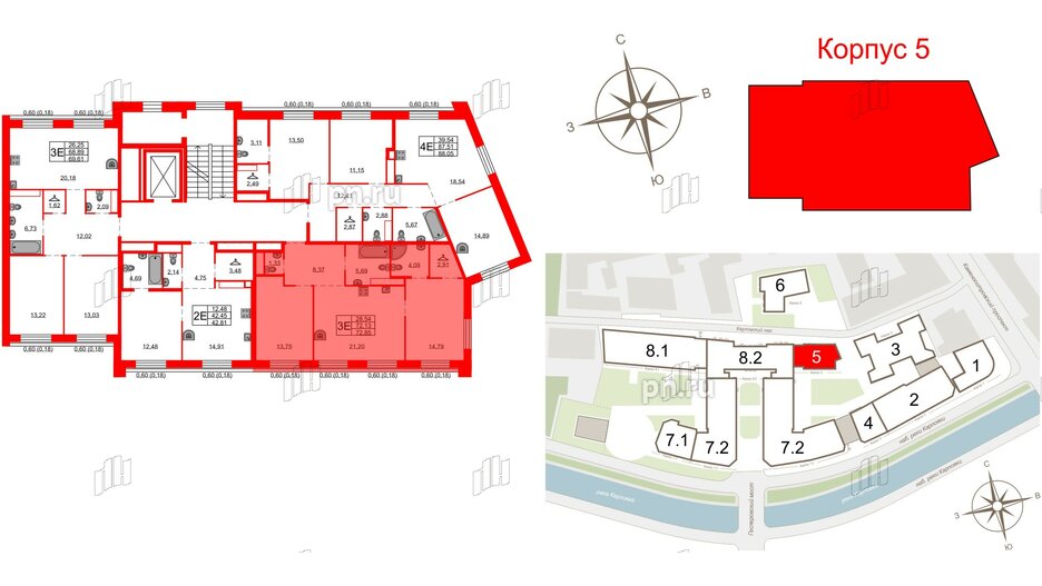 Квартира в ЖК Северная корона, 2 комнатная, 72.85 м², 8 этаж