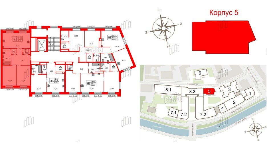 Квартира в ЖК Северная корона, 2 комнатная, 69.61 м², 8 этаж