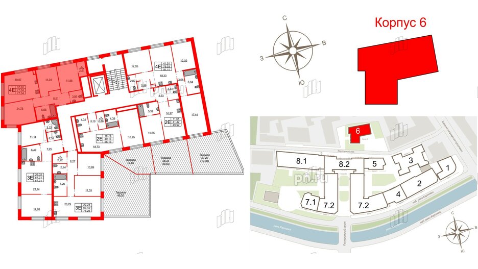 Квартира в ЖК Северная корона, 3 комнатная, 77.34 м², 2 этаж