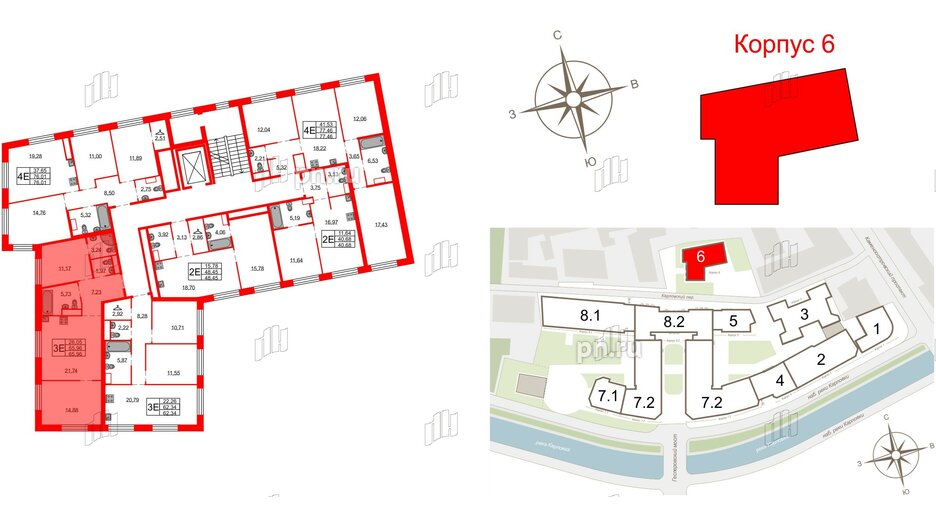 Квартира в ЖК Северная корона, 2 комнатная, 65.96 м², 3 этаж