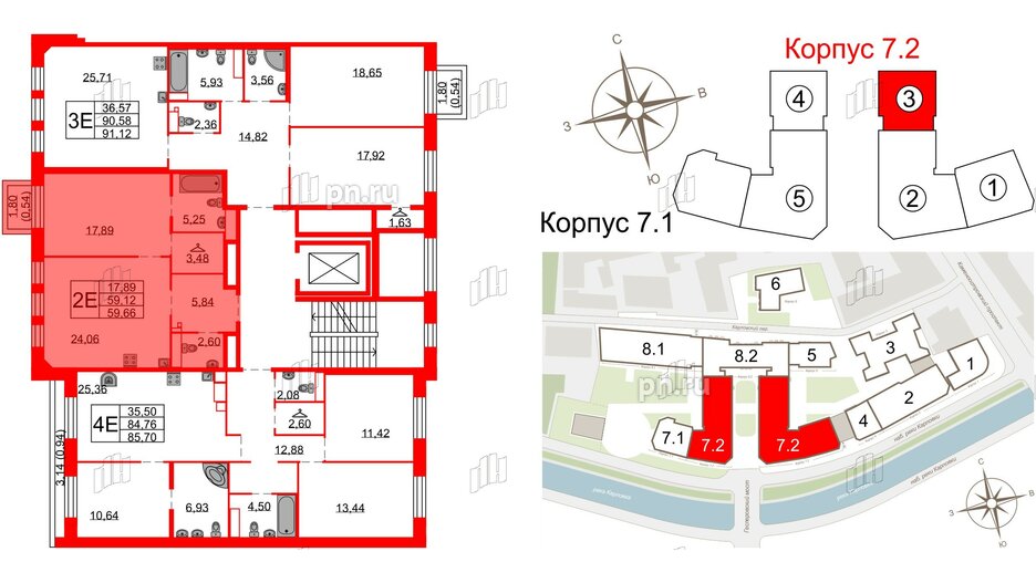 Квартира в ЖК Северная корона, 1 комнатная, 59.66 м², 7 этаж