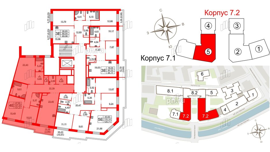 Квартира в ЖК Северная корона, 3 комнатная, 131.21 м², 7 этаж