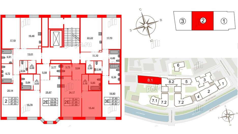 Квартира в ЖК Северная корона, 1 комнатная, 57.99 м², 3 этаж