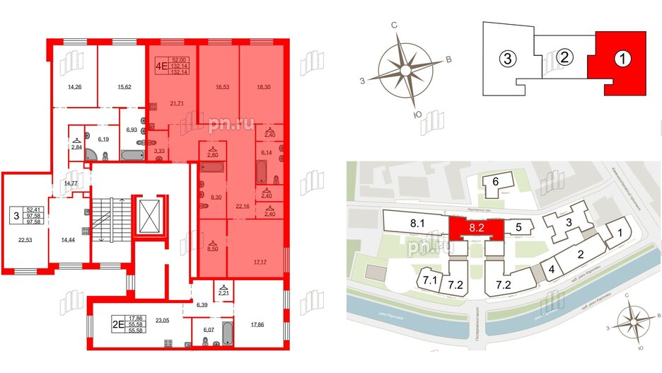 Квартира в ЖК Северная корона, 3 комнатная, 132.14 м², 2 этаж