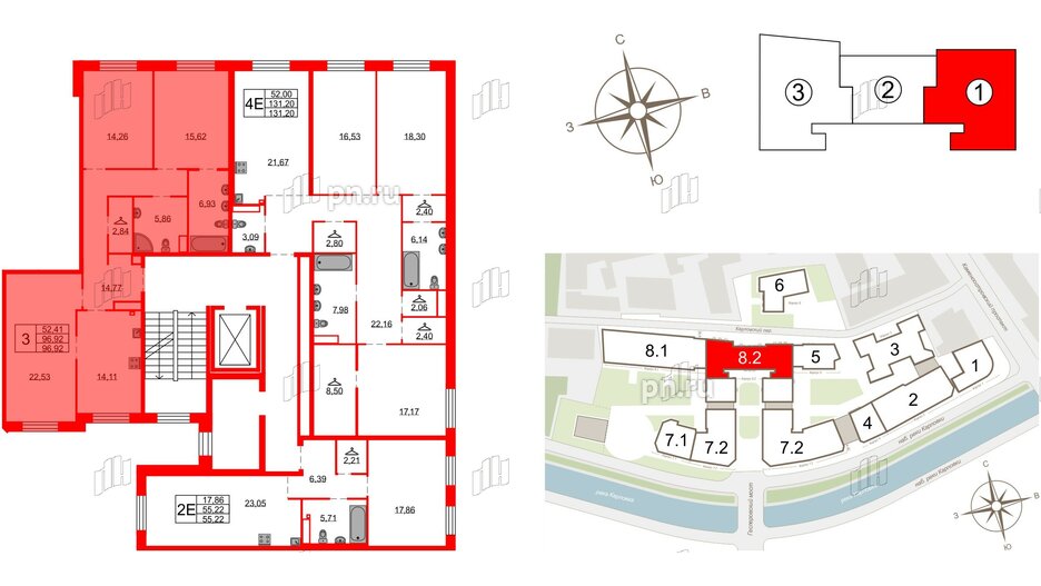 Квартира в ЖК Северная корона, 3 комнатная, 96.92 м², 3 этаж