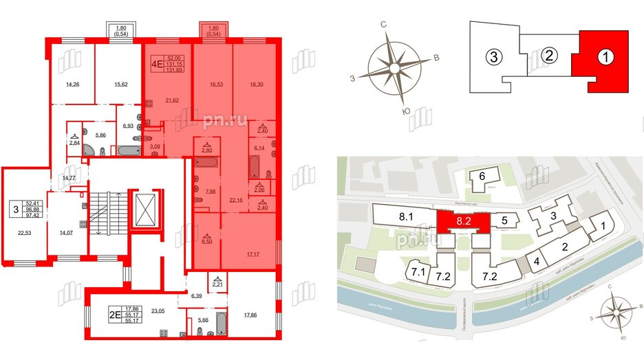 Квартира в ЖК Северная корона, 3 комнатная, 131.69 м², 4 этаж