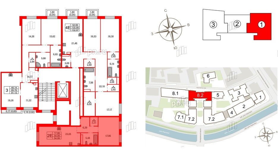 Квартира в ЖК Северная корона, 1 комнатная, 54.99 м², 8 этаж