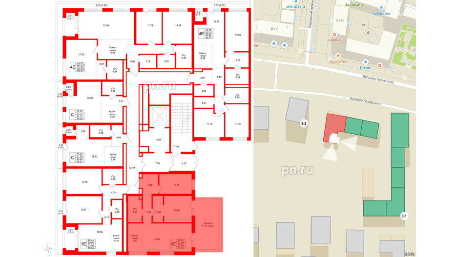Квартира в ЖК Северный ветер, 2 комнатная, 65.84 м², 2 этаж
