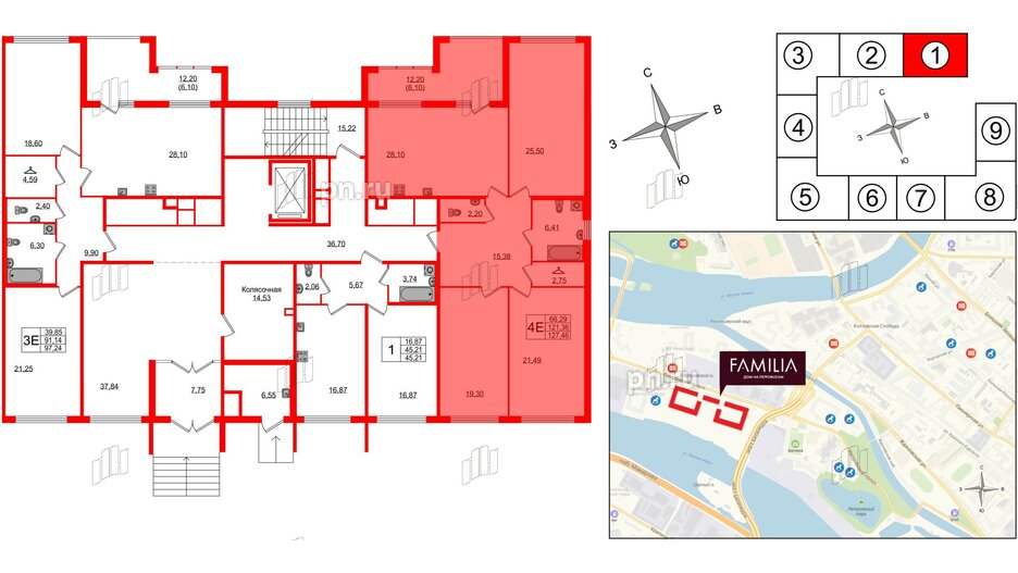 Квартира в ЖК 'Фамилия', 3 комнатная, 127.46 м², 2 этаж