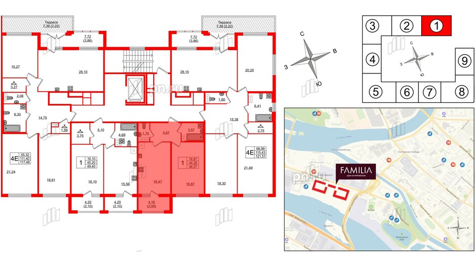 Квартира в ЖК 'Фамилия', 1 комнатная, 46.37 м², 7 этаж