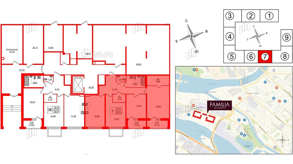 Квартира в ЖК 'Фамилия', 3 комнатная, 96.22 м², 1 этаж