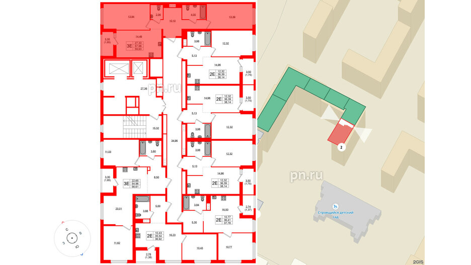 Квартира в ЖК Южная Нева, 2 комнатная, 59.63 м², 2 этаж