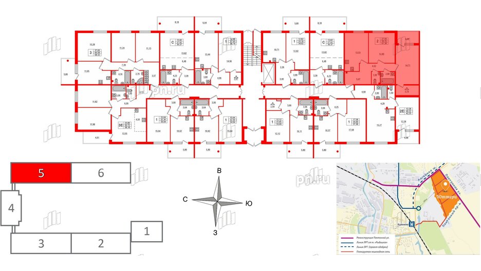 Квартира в ЖК «Юттери», 2 комнатная, 61.8 м², 1 этаж