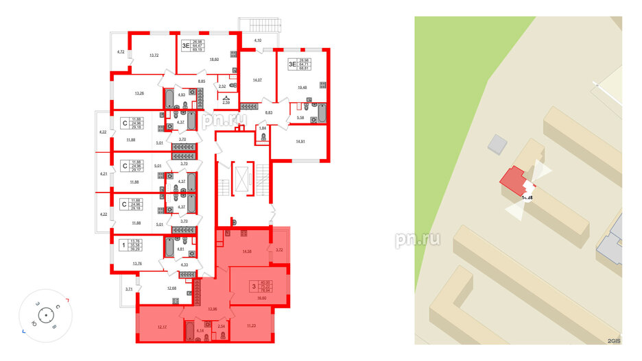 Квартира в ЖК ЯСНО.ЯНИНО, 3 комнатная, 75.22 м², 1 этаж