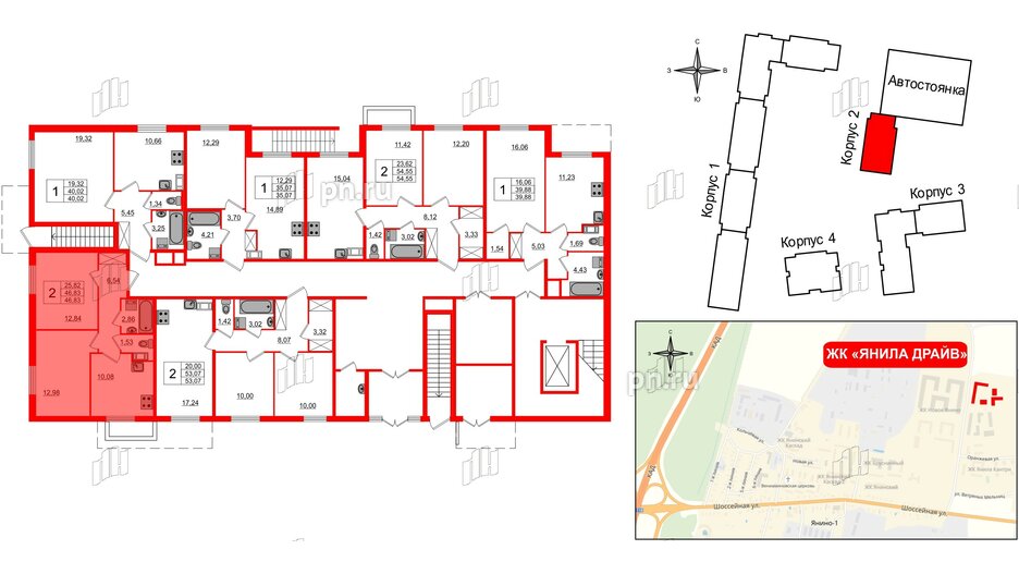 Квартира в ЖК Янила Драйв 3, 2 комнатная, 47.1 м², 1 этаж