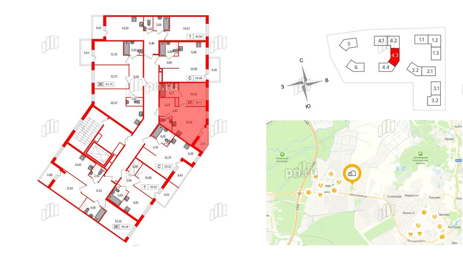 Квартира в ЖК «Янила», 1 комнатная, 38.17 м², 3 этаж