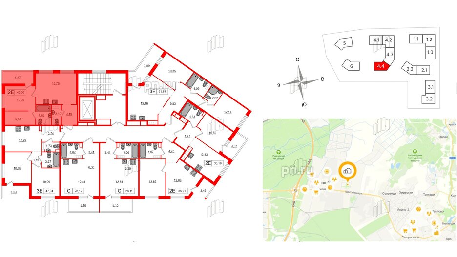 Квартира в ЖК «Янила», 1 комнатная, 45.36 м², 2 этаж